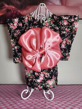 Geisha-Inspired Dog Dress – Floral Print with Satin Pink Bow – Size Large